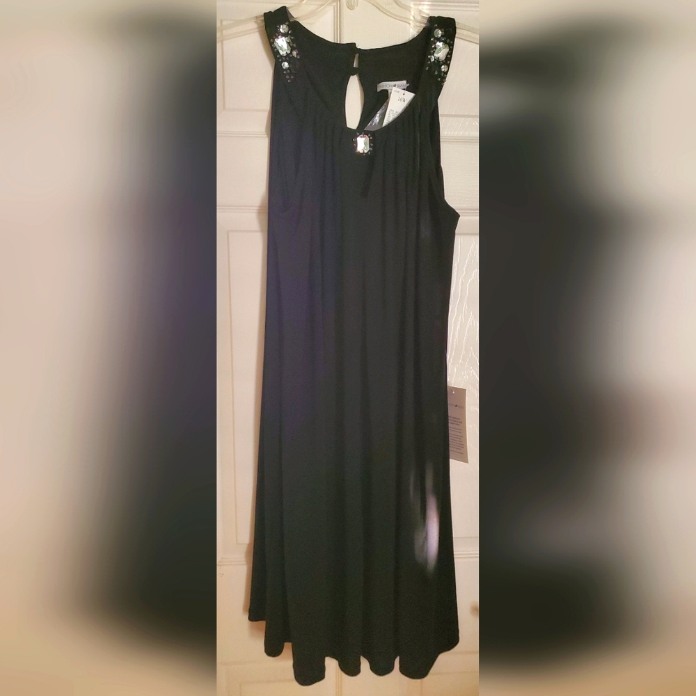 Fashion Bug Black Sleeveless Trapeze Cocktail Dress Faux Jewels - NWT